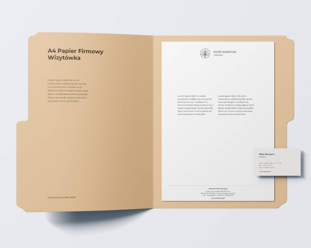 identyfikacja wizualna dla kancelarii adwokackiej pokazująca wizytówkę i papier firmowy
